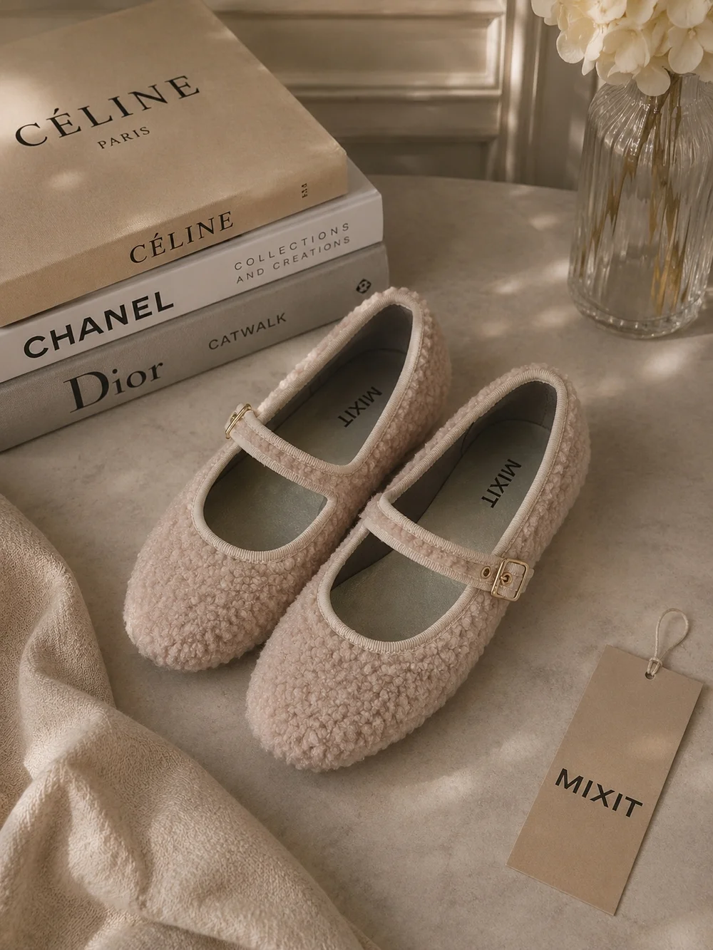 Mixit Plush Shearling Mary Jane Flats in Beige